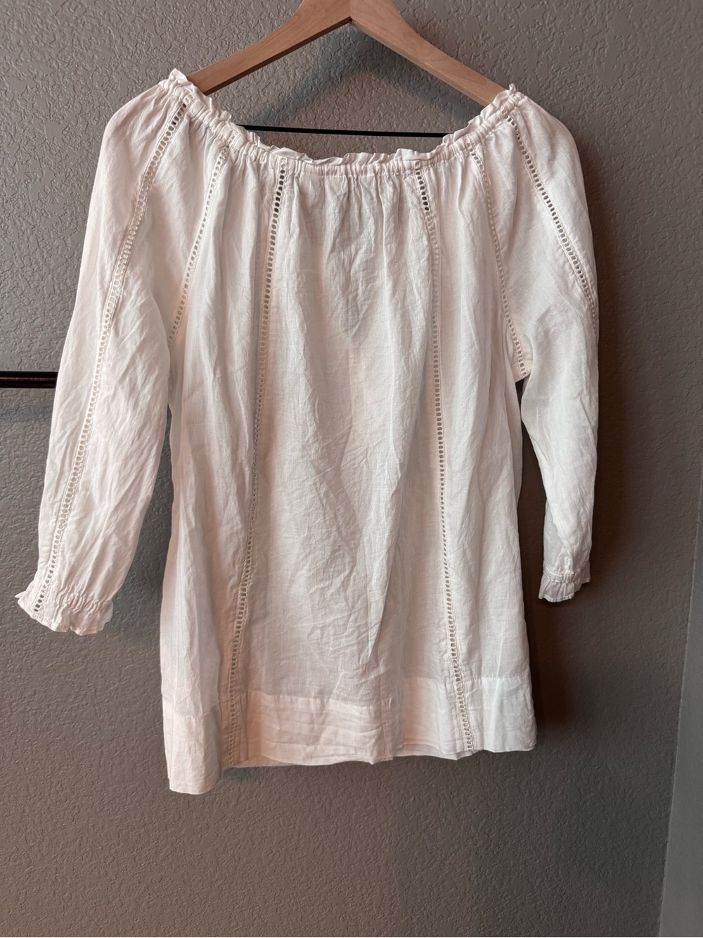 Caffe Marrakesh 100% Cotton Eyelet White Peasant Ruffle Tie-Neck Blouse - Picture 10 of 10